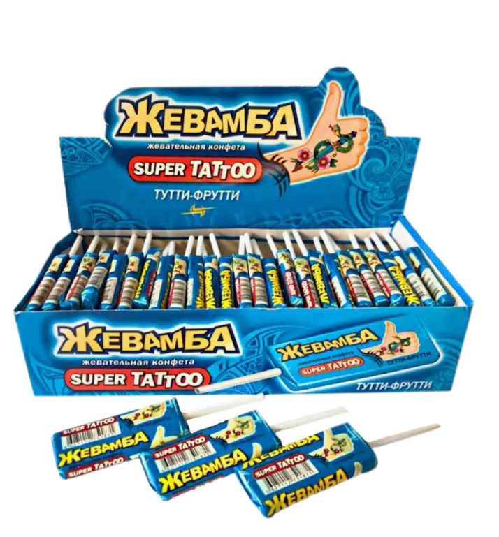 Жевательная конфета  ЖЕВАМБА Супер Татту на палочке тутти-фрути 10гр*50шт