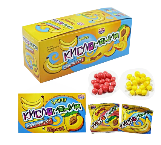 Жевательная конфета "Кисломания дабл фрукт" банан-персик 14гр.30шт*12 бл